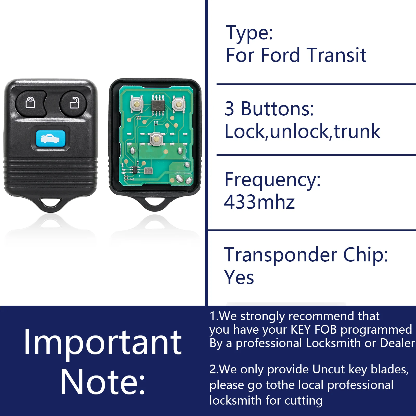 OHMSEN For Ford Transit MK6 Connect Remote Alarm 433Mhz 3 Button Car Key Fob 2000-2007