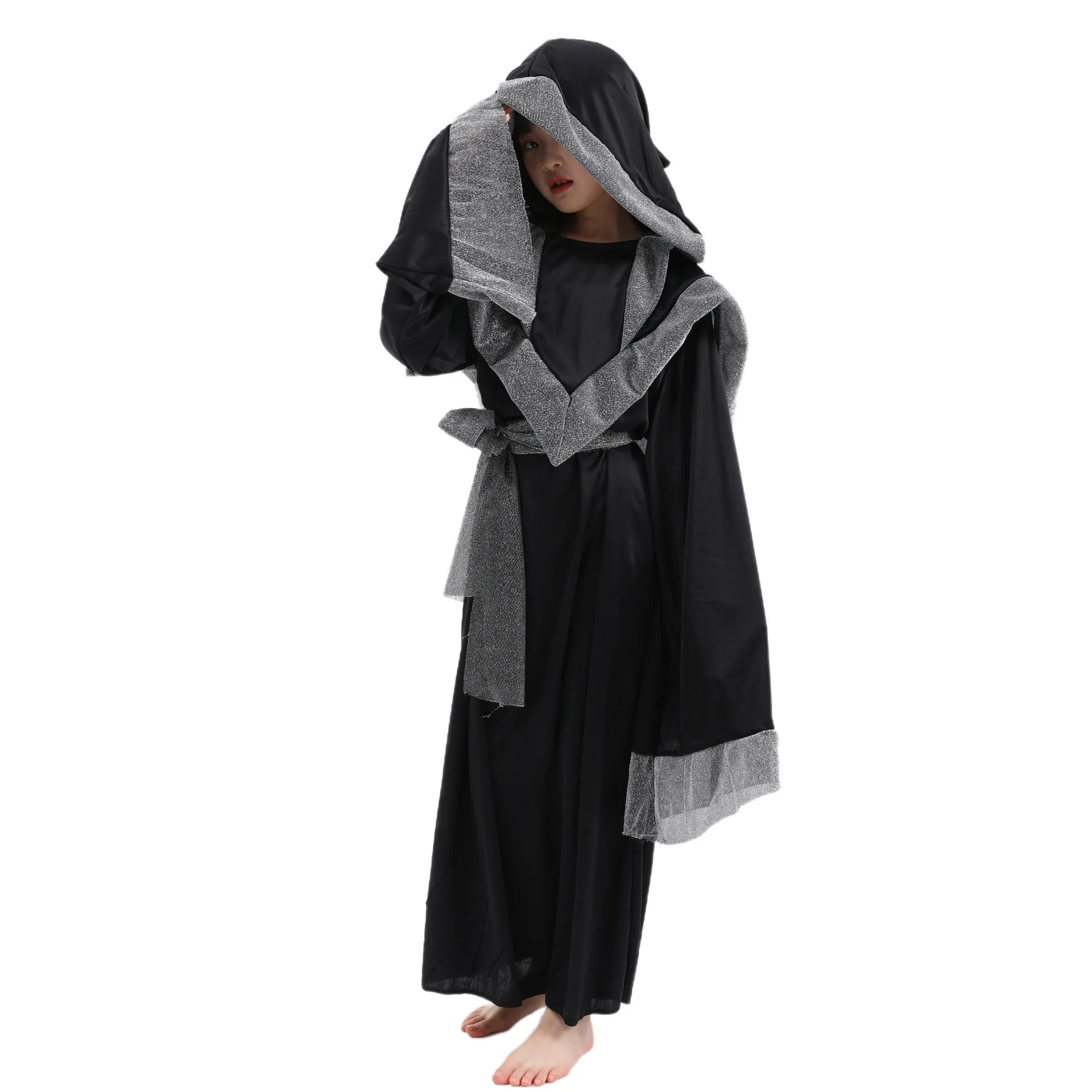 Black Wizard Girl Costume Sorceress Cloak Medieval Dark Mystic Dark Sorcerer Robe Halloween Costume for Child Role Play