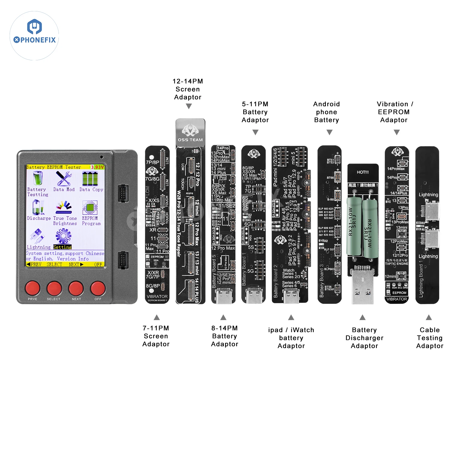 

OSS W28 Pro V8 Screen Battery True Tone Repair Programmer for iPhone iPad Andorid Phone Battery Vibration EEProm Repair Tester