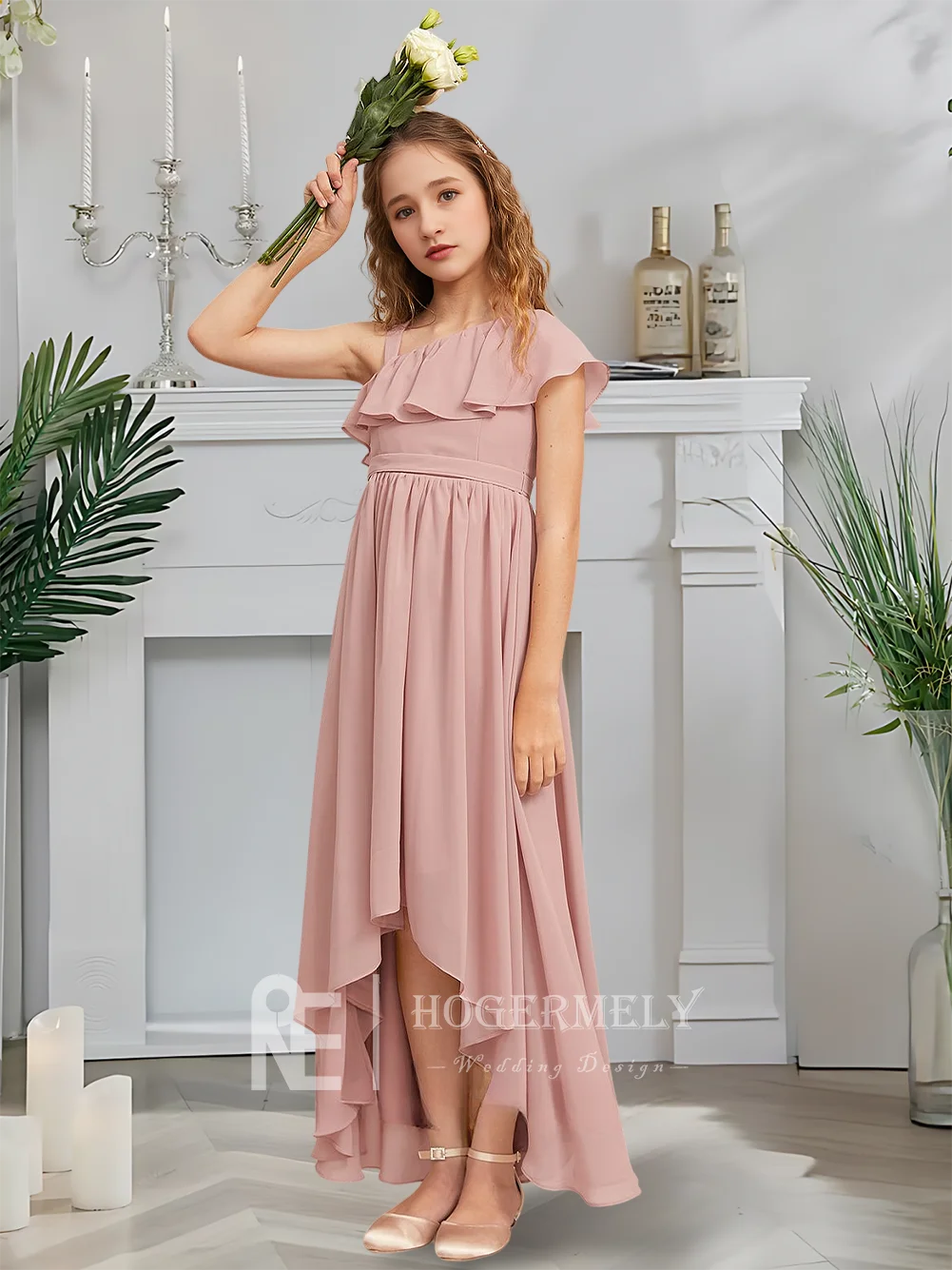 Дизайнерское платье трапециевидной формы для юных подружек невесты, платье с цветочным узором в виде розы, асимметричное шифоновое платье для девочек в саду, гала-танец, свадьба