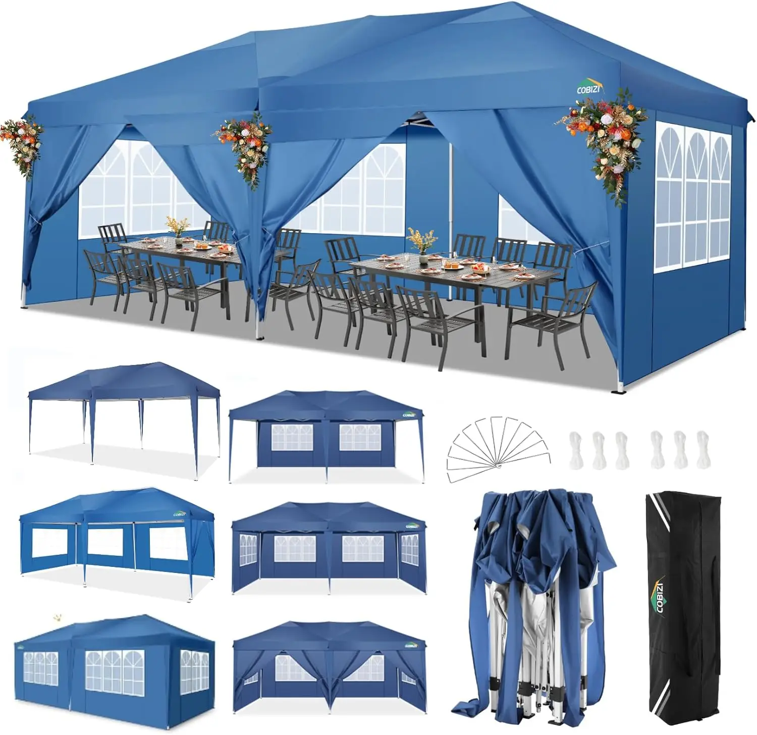 3x6m opvouwbare paviljoen waterdichte stabiele partytent met 6 zijpanelen pop-up tuinluifel 3 in hoogte verstelbaar voor strand, bruiloft - afbeelding 1