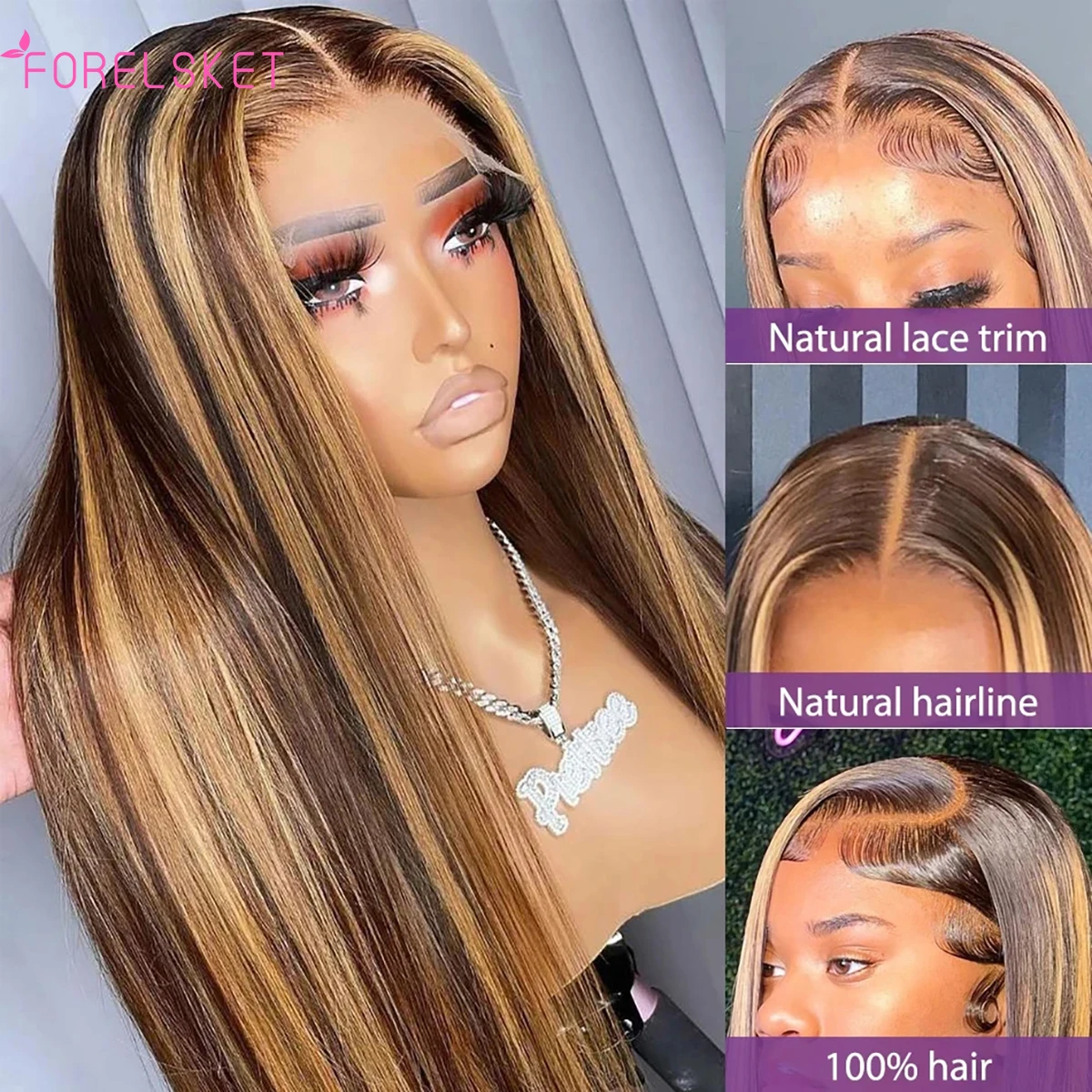 Osso Straight Lace Front Wig para mulheres, perucas de cabelo humano, fechamento de renda transparente, pré arrancado, barato, P4 27 Highlight, 13x4