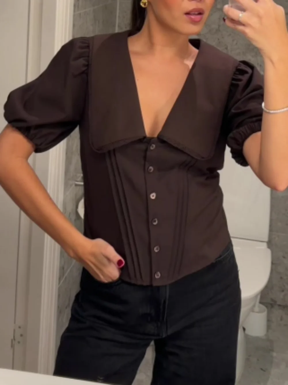 

Women's Simple Solid Color Puff Sleeve Collared Short Shirt French Retro Single-Breasted Versatile Crop Top Mujer Camis
