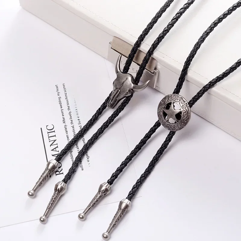 Tête de taureau réglable cinq étoiles Cowboy occidental Bolo cravate Rodeo danse cravate Faux cuir pendentif collier