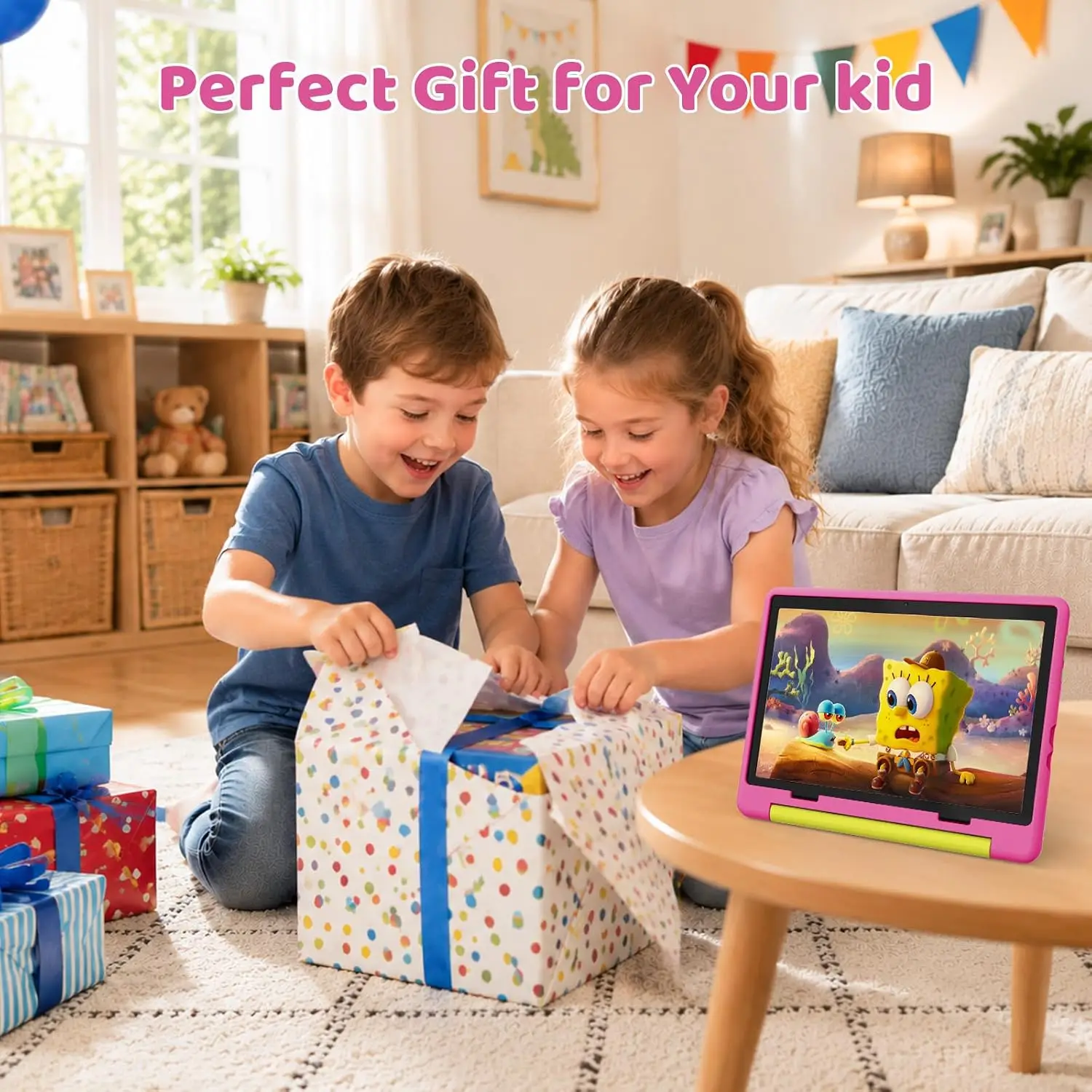 Kids Tablet 10.1 Inch Android 16 Tablet PC 20(3+17)GB RAM 64GB ROM A333 Five‑Core HD LCD Display 5000mAh Children Learning Tablet Only Tablet No Accessories Pink Green