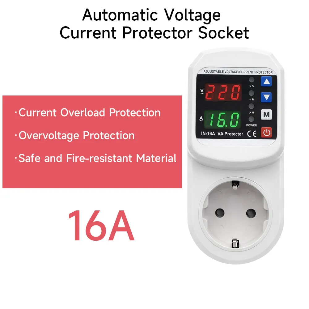 Automatic Voltage current Protector Socket AC 110V 220V Adjustable 16A Power Surge over voltage current Protector EU Plug Socket