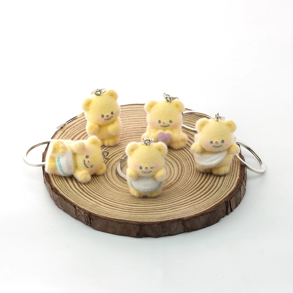 

20Pcs 3D Flocking Resin Yellow Bear Family Keychain Plush Doll Pendant for Bags Charm Gift Decoration Making Crafts Wholesale