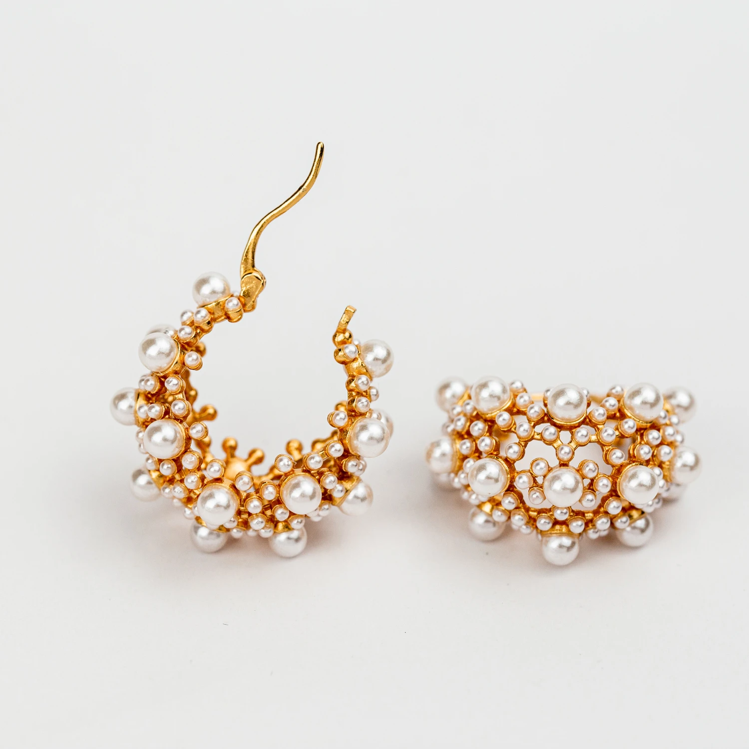 YAJUNIEL Designer Freshwater Pearl Hoop Earrings for Women 24K Gold Plated Brass Snowflake Basket Design Hypoallergenic Jewelry