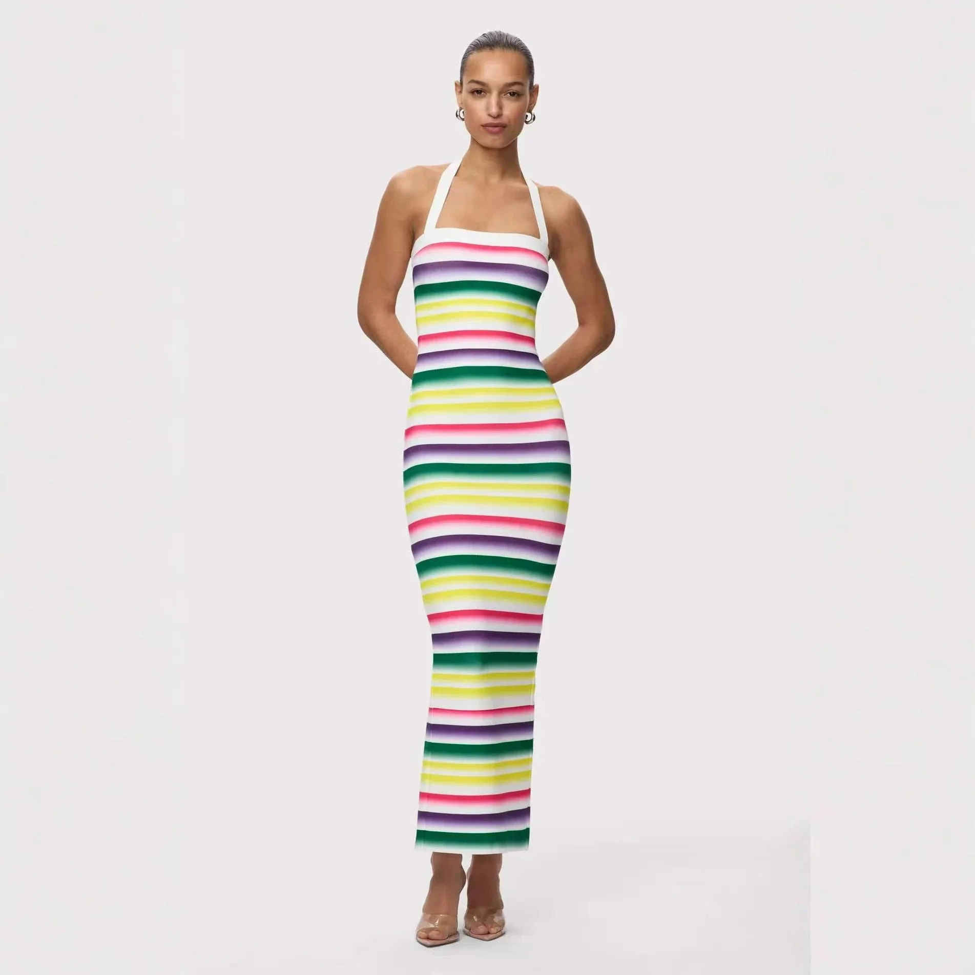 New Women's Summer Vacation-Style Color-Embroidered Striped Halter-Neck Bandage Dress with Stylish Color-Blocking