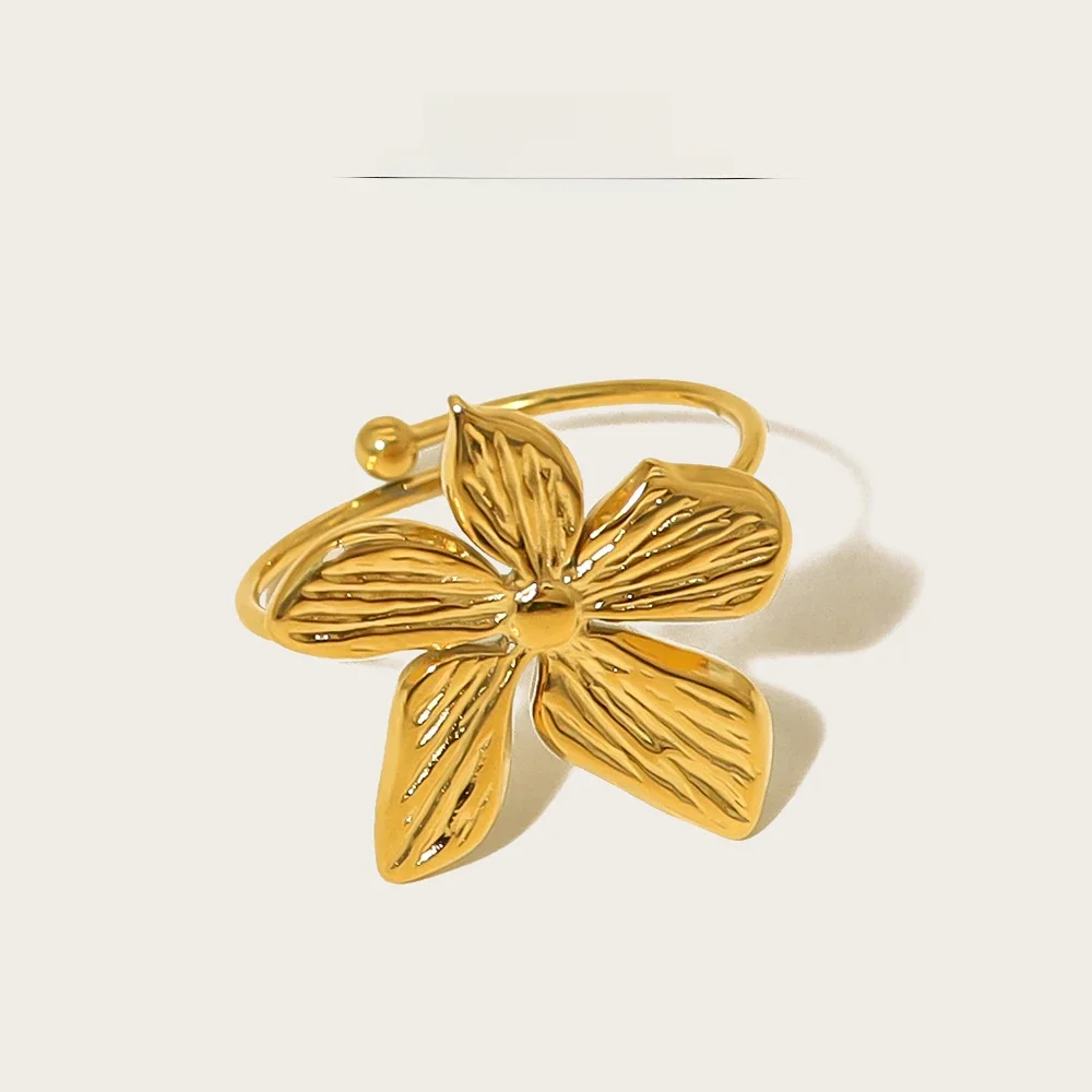 YACHAN Modny nieregularny kwiat ze stali stalowe pierścienie dla kobiet w stylu Vintage regulowany 18K pozłacany elegancka biżuteria — zdjęcie 2
