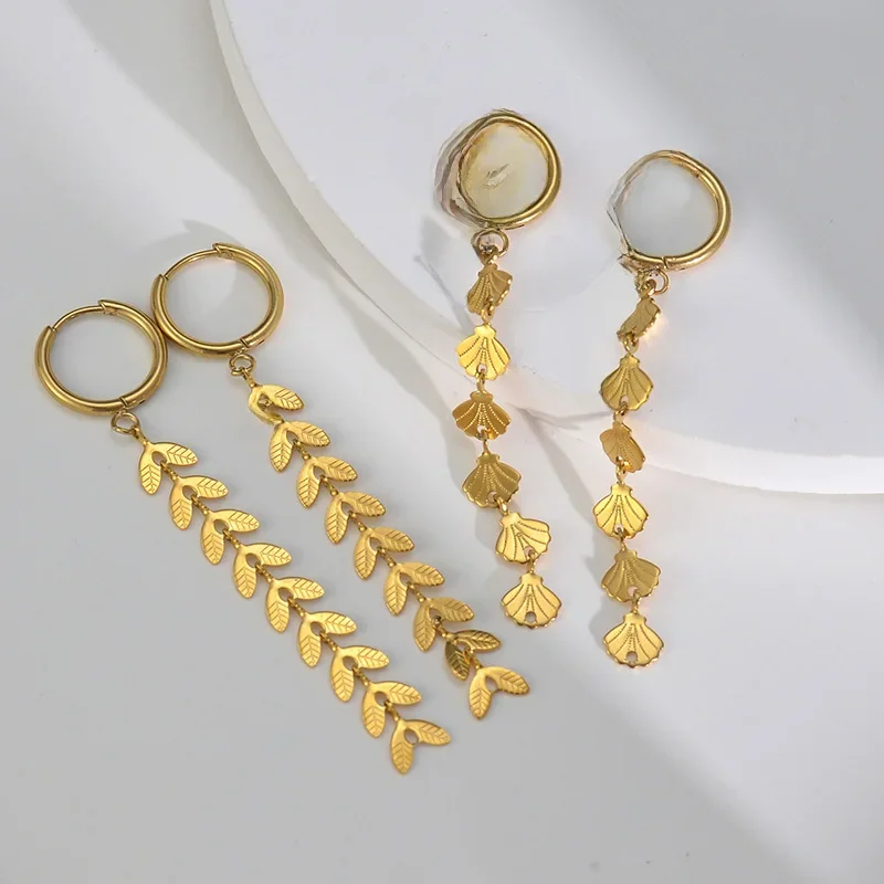Prachtige roestvrijstalen gouden kleur lange hanger schelpvormige kwast oorbellen voor vrouwen Hoge kwaliteit mode-sieraden geschenken - afbeelding 2