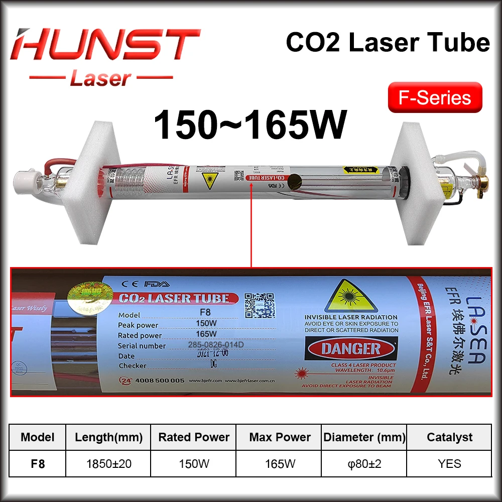 Hunst EFR F8 150~165W Co2 Laser Tube Length 1850mm Diameter 80mm Laser Lamp for Co2 Laser Cutter Engraving Machine