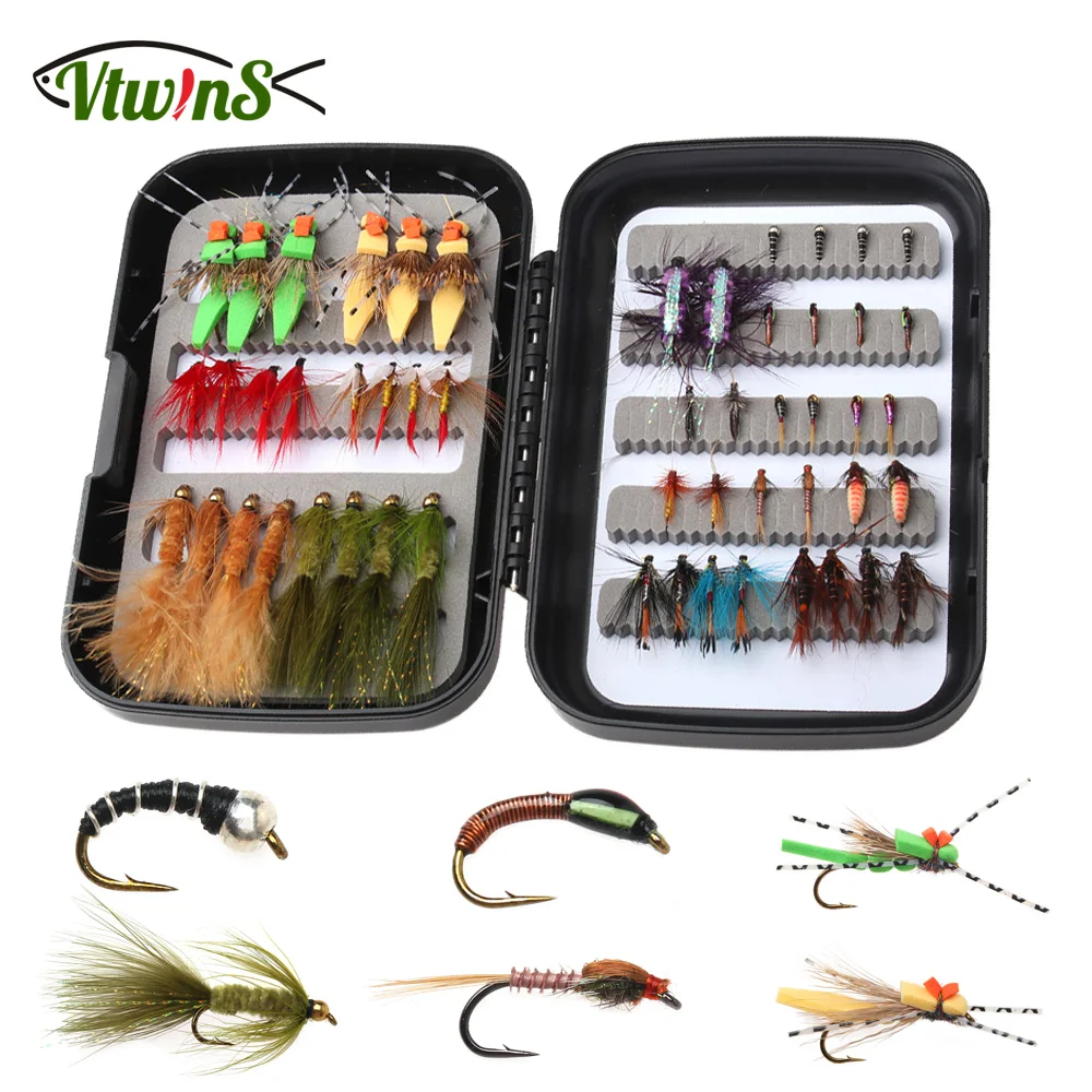 

Vtwins 52pcs/Box Assorted Flies Kit Dry/Wet Flies Streamer Hoppers Midge Buzzer Perdigon Nymph Trout Panfish Bass Lure Bait