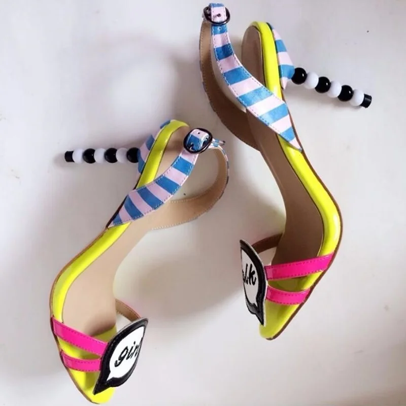 Women Slingback Sandal String Beading Heel Yellow Pink Printed Leather Gladiator Pearl Heels Patchwork Celebrating Summer Shoes