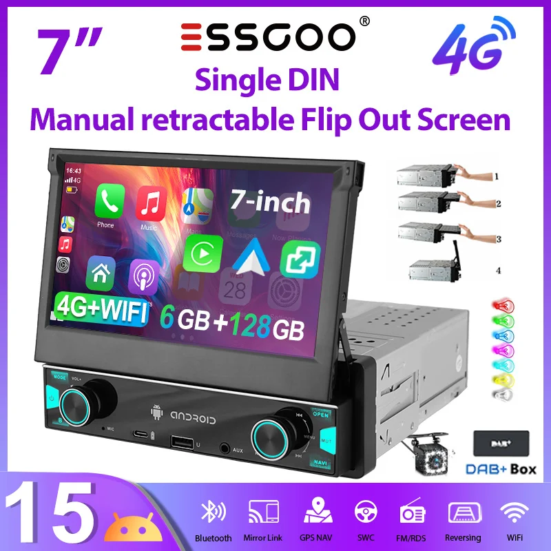 Autoradio ESSGOO Android15 7" 6+128 GB 1 DIN Manuale Retrattile Estraibile Touchscreen 4G LTE CarPlay Wireless Android Auto RDS Equalizzatore Navigazione GPS WiFi Bluetooth FM AM Mirror Link Controlli