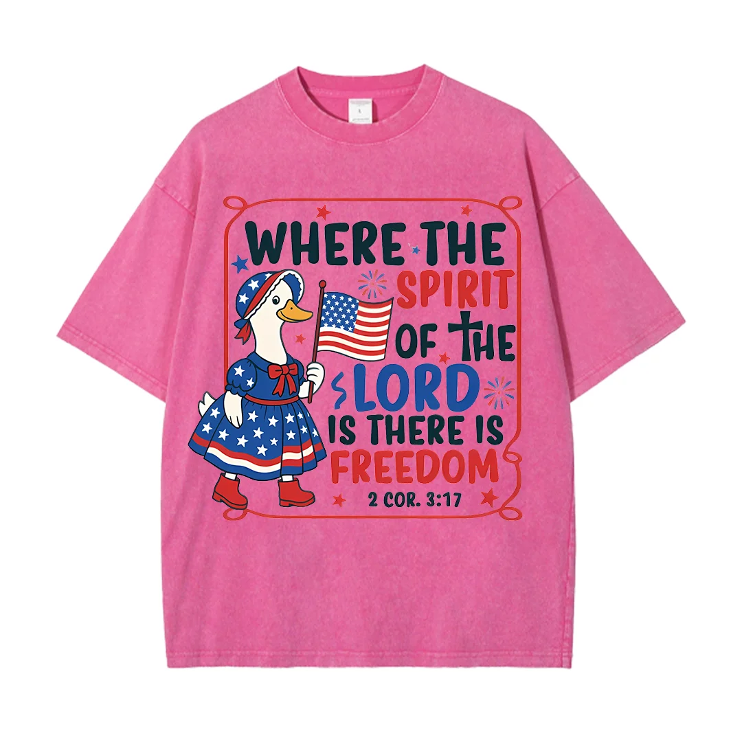 

Where The Spirit Of The Lord Is There is Freedom Christian Washed T-Shirt Summer Breathable Crewneck Tops Women's Casual Tees