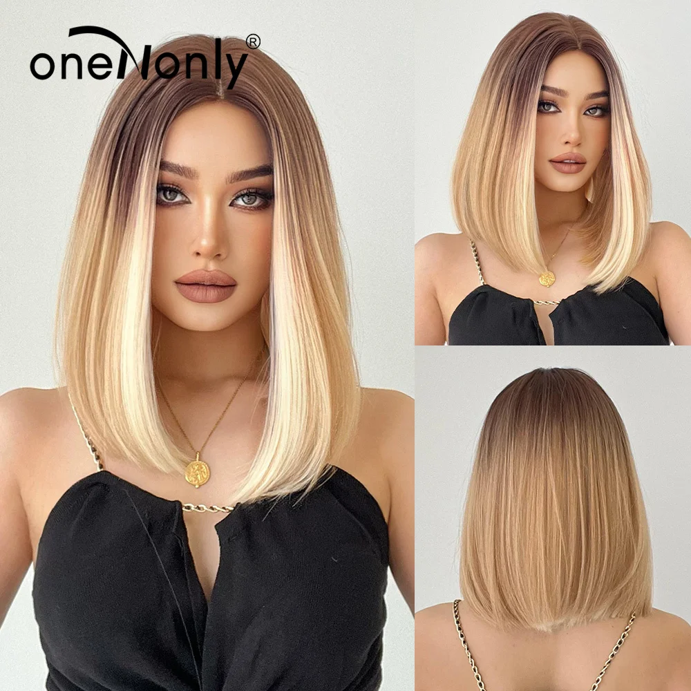 OneNonly brązowy Ombre blond peruka Bob peruka krótka proste naturalne peruki dla kobiet codziennie wysoka temperatura włosów