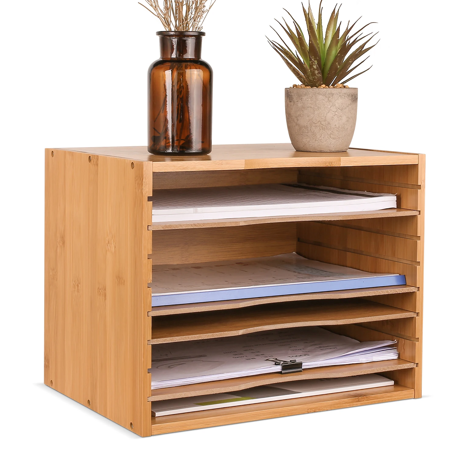 Getone Office File Tray, Bamboo Desk Tidy Organiser, File Sorter, 5 Tier Document/Paper/Letter Tray 36x25x26cm