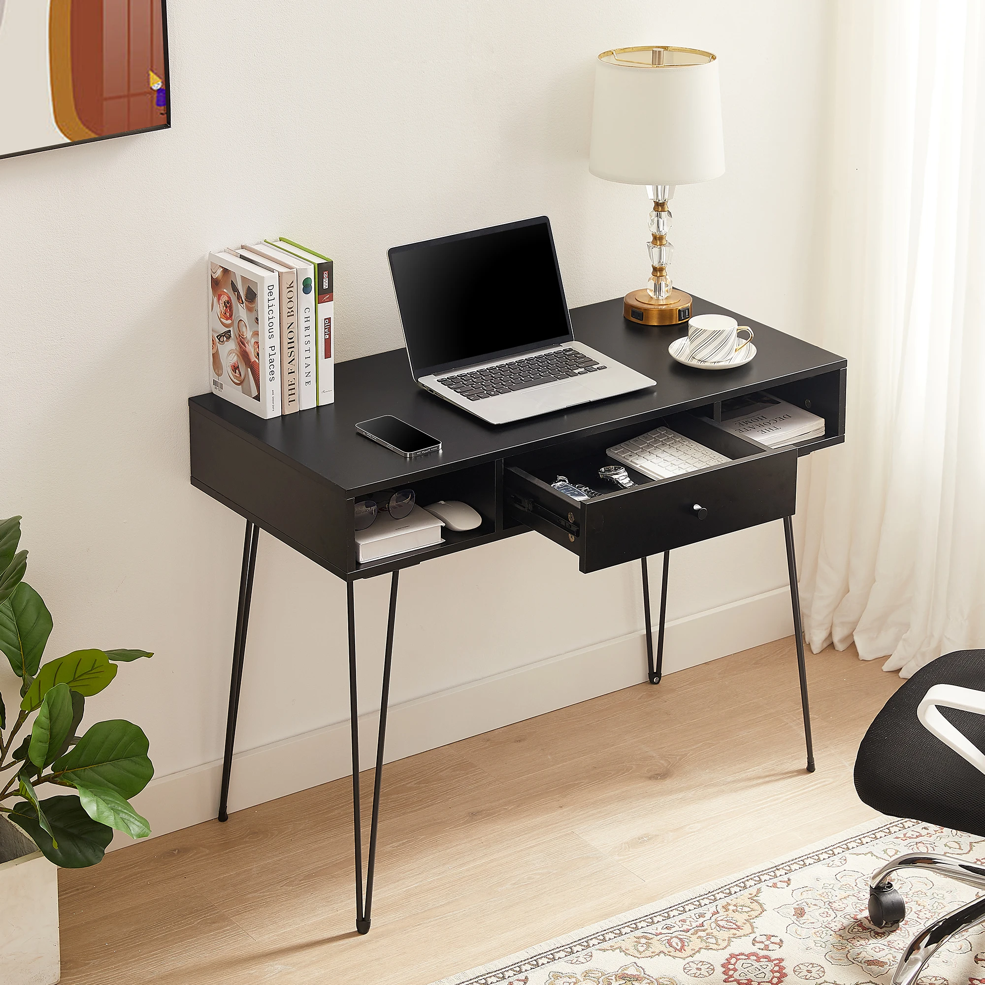 VECELO 39 Inch Home Office Work Desk Computer Desk Writing/Studying Hairpin Legs with Drawers Unique Design Writing Desk