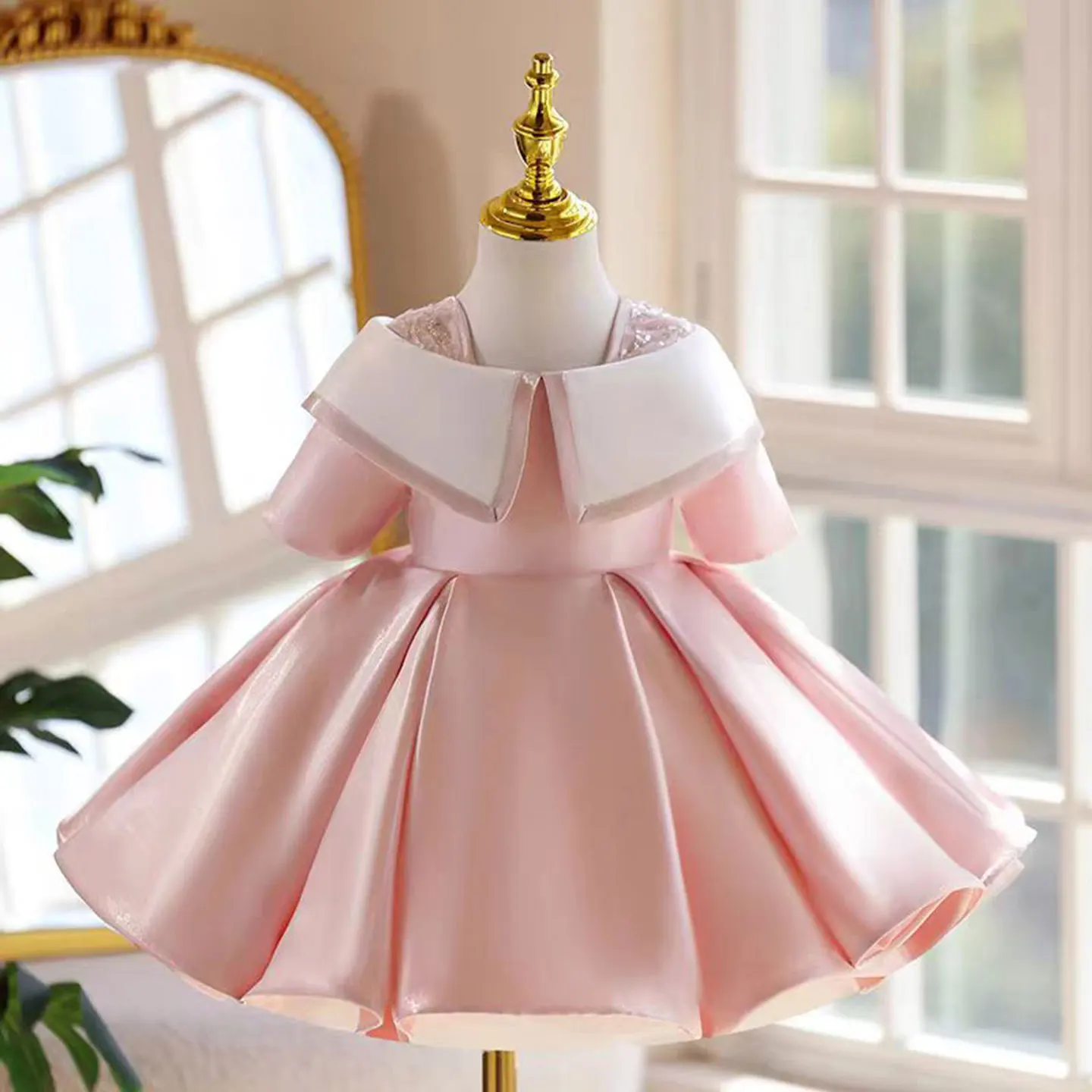 Dreamy Vow J864 Adorable Designed Neck Satin Pink Flower Girl Dress Half-Sleeve Wedding Birthday Holiday Party Knee Length Prom
