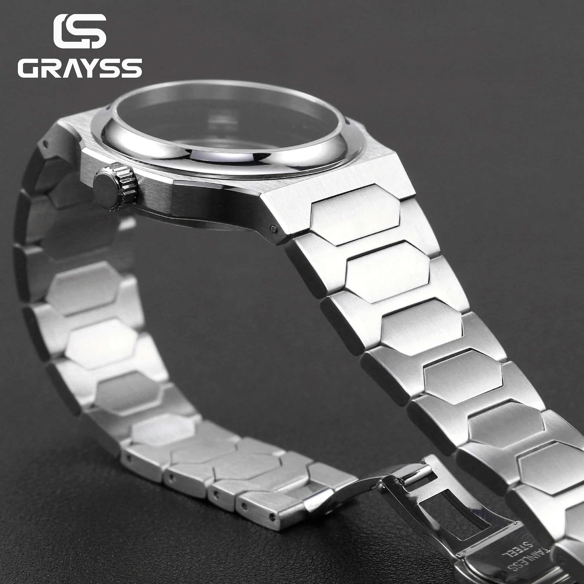 Grayss 40 mm Edelstahl-Uhrengehäuse, konkav polierte Lünette, integriertes geometrisches Armband für SKX NH35 NH36 Sapphire 20atm WatchMod – Detail 6