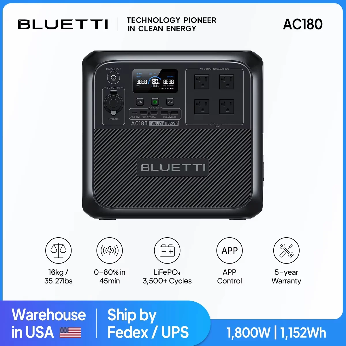 

[США вилка] BLUETTI AC180 1152 Втч 1800 Вт переносна электростанция LiFePO4 солнечный генератор 3500 + циклы для кемпинга, пешего туризма, рыбных поездок
