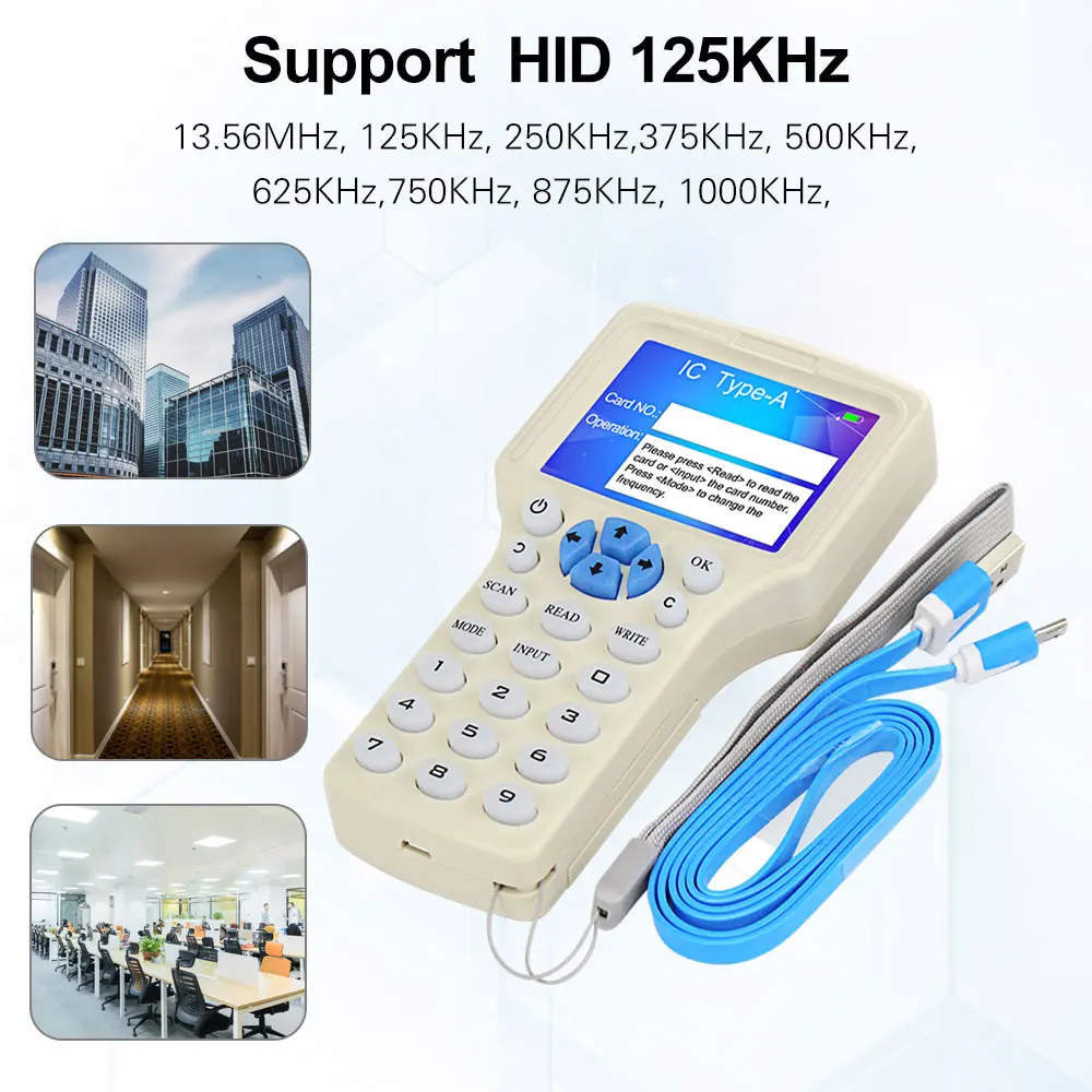 English 10 Frequency RFID Copier Duplicator 125KHz Key fob Smart Card Reader Writer IC/ID 13.56MHz Encrypted Programmer USB LCD