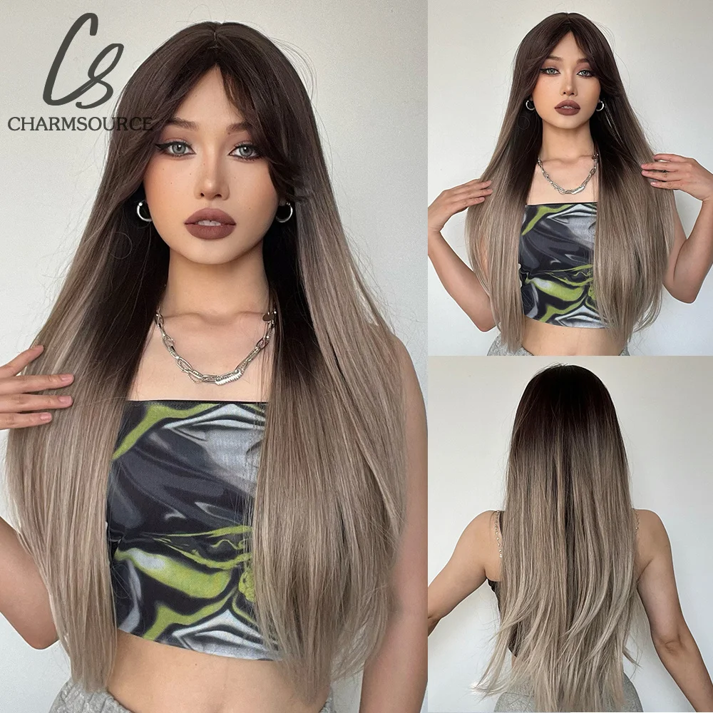 

CharmSource Brown Ombre Long Natural Straight Wigs Synthetic Wig for Women Hair Daily Party High Density Heat Resistant