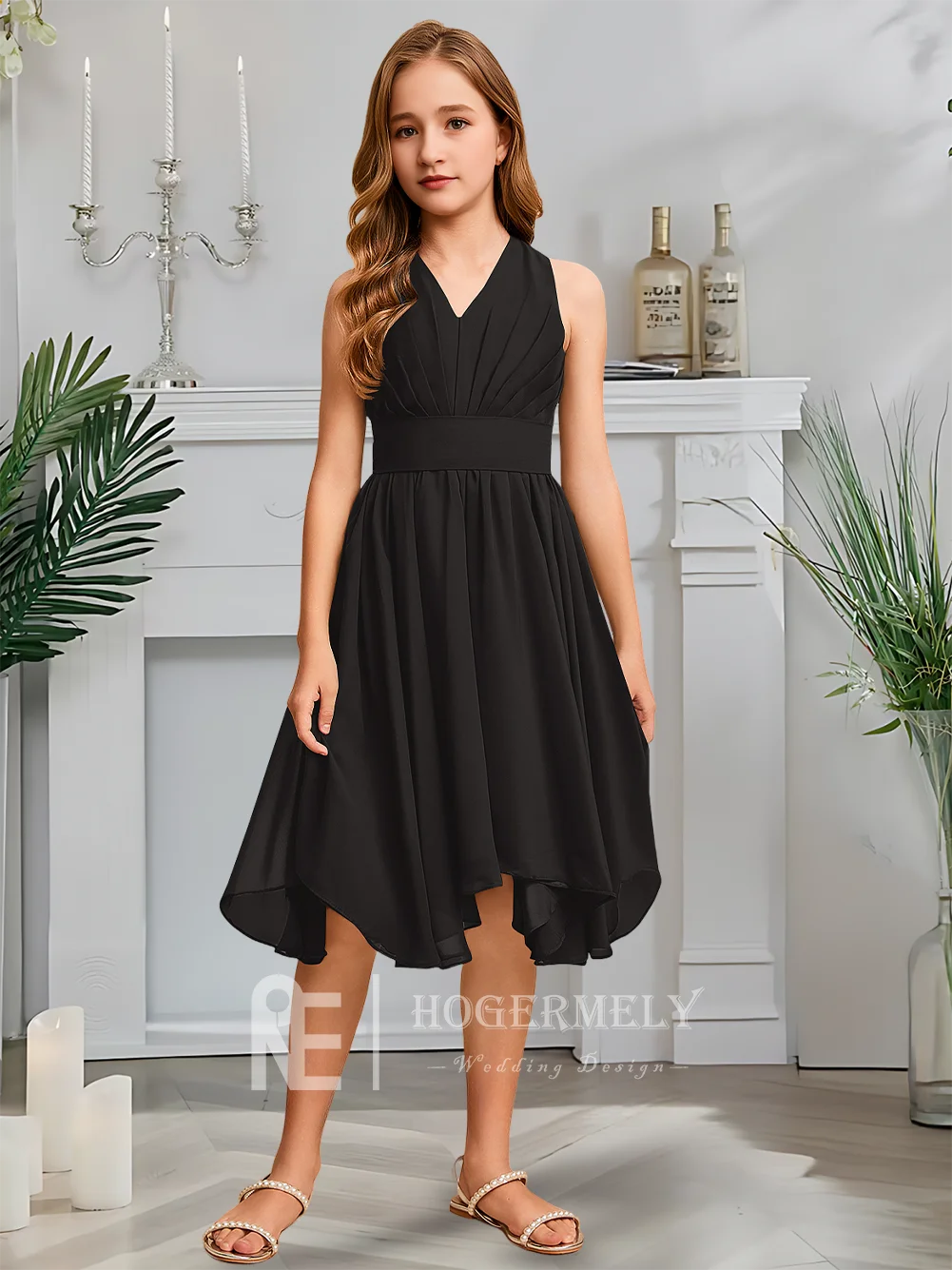 Vネック ジュニア ブライズメイドドレス フラワーガールドレス シフォン フリル付き キッズ ガールズ ウェディングパーティー ガーデン フォーマルドレス