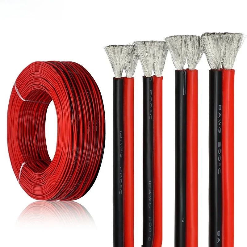 Fil en Silicone résistant à la chaleur, 1 ~ 50m, AWG 30 26 24 22 20 18 16 14 12 10 8, câblage automobile rouge noir, câble en cuivre pour batterie de voiture