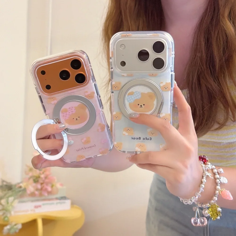 Kawaii Blue Plaid Cute Bear Print Phone Case For iPhone 17 Pro 16 Max 15 16 17 Pro Max 15 Pro With Magnetic Holder Anti Drop Set