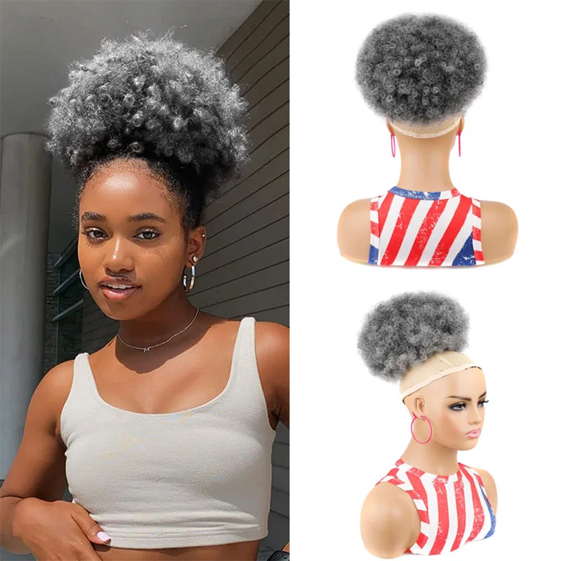 Rabo De Cavalo Sintético Afro Puff Drawstring para Mulheres Negras, Premium Ombre Cinza, Rabo De Cavalo Afro Bun para Meninas