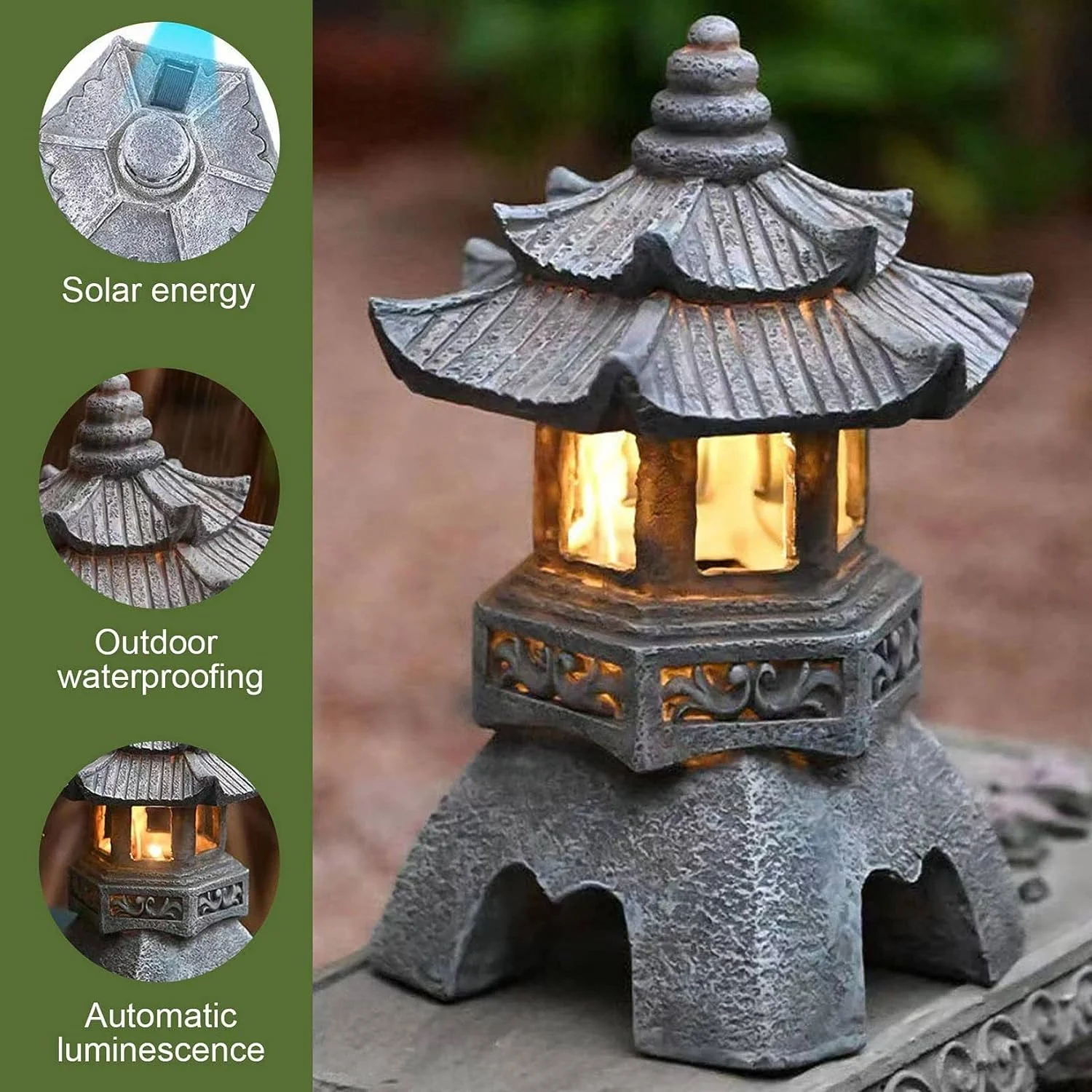 Garden Solar LED Pagoda Lantern Statue Light Outdoor Japanese Resin Landscap Decorative Lamp Ornament for Balcony Garden