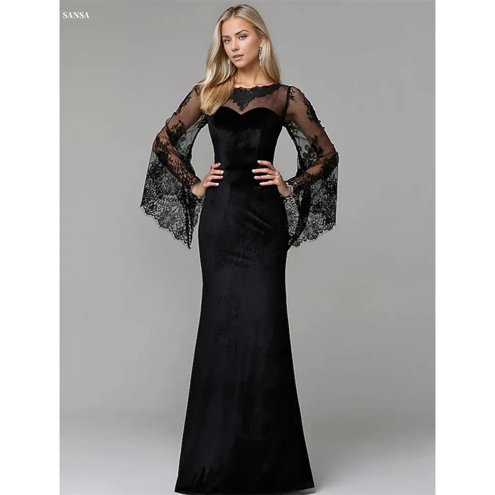 

Sansa Customized Black Mermaid Long Sleeve O-Neck Prom Dress Lace Illusion Vestidos De Noche Floor-Length Formal Evening 2025