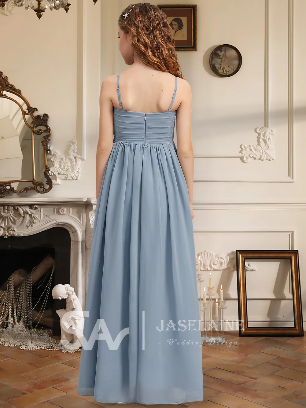 A-Line V-Neck Floor-Length Chiffon Junior Bridesmaid Dress Flower Girl Dress Spaghetti Straps Pleated Girls Party Formal Wedding