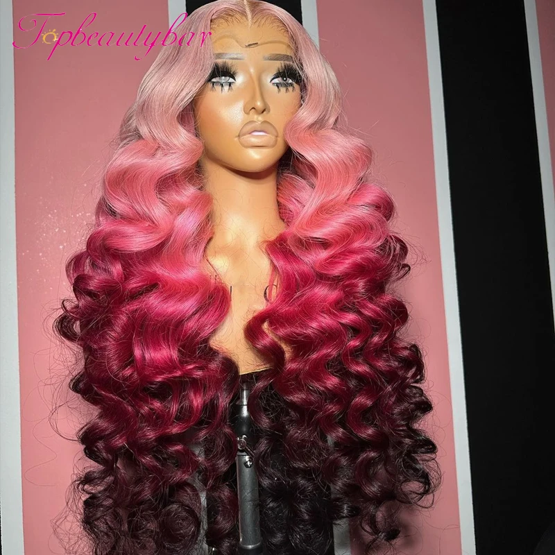 

Ombre Pink Wavy 13x4 Lace Front Human Hair Wigs Peruvian Remy Pink Three Color 180 Density Lace Wigs