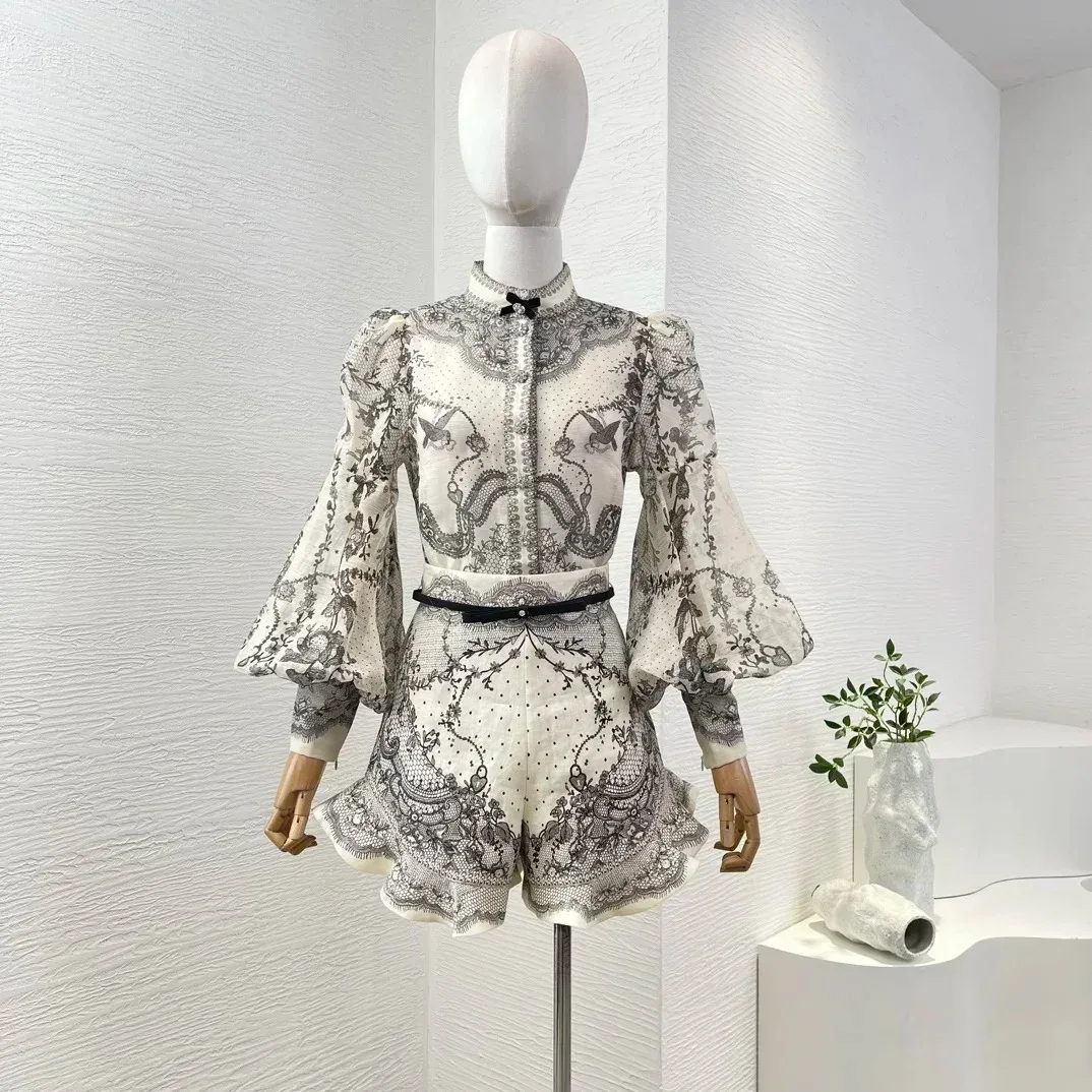 

Linen Silk New Vintage Women Outfit High Quality Grey Floral Print Full Lantern Sleeve Blouse and Pure Linen Shorts Holiday Sets