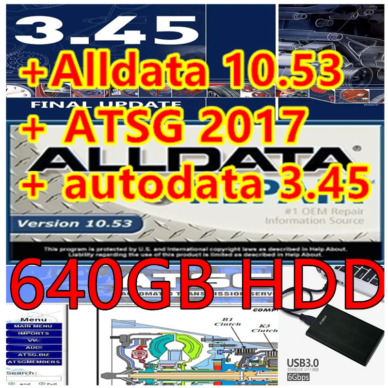 Nuovo software di riparazione automatica Alldata 10.53 Repair 10.53v tutti i dati software per auto autodata 3.45 atsg 2017 in HDD da 640GB installa