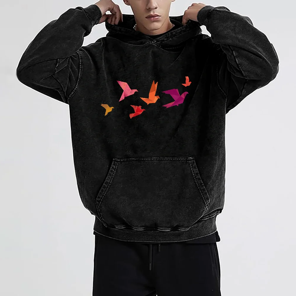 

Bird Admirers Fleece Lined Hoodie Colorful Birds Pattern Casual Loose Long Sleeved Free Spirited Charming Comfortable Top