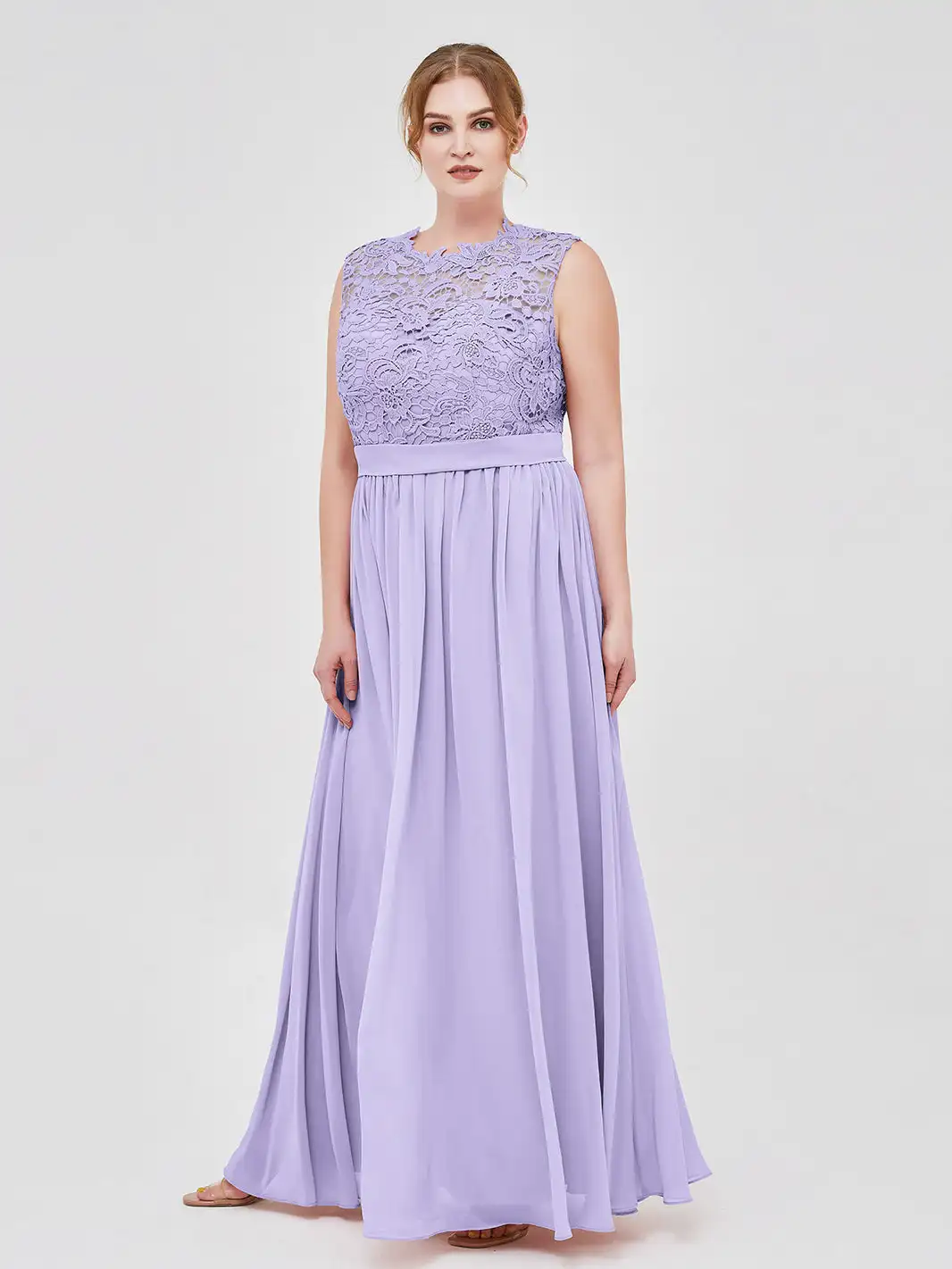 

Illusion Neck Chiffon And Lace Bridesmaid Dress Lilac Plus Size A-line Sleeveless Wedding Cocktail Dresses Pleated Evening Gowns