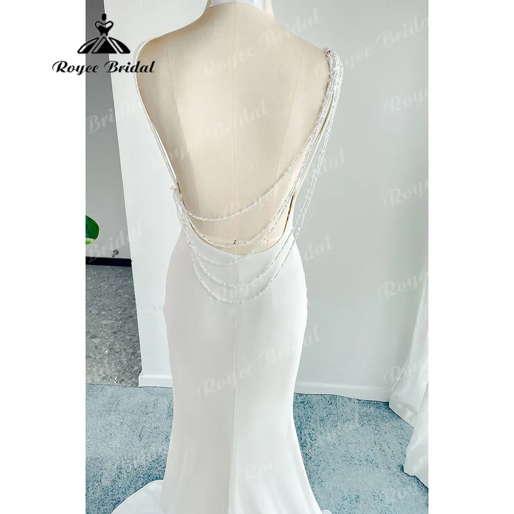 Vintage Soft Satin Sleeveless Mermaid Pearls Wedding Dress for Bride 2024 Wedding Party Dinner Gown vestidos de festa Roycebrida