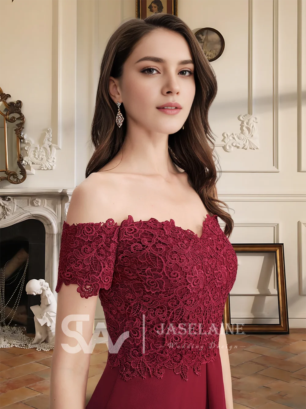 

AQ Women Sheath Column Off Shoulder Tea-Length Chiffon Lace Cocktail Dresses For Women Evening Party Gowns Prom Wedding Dress