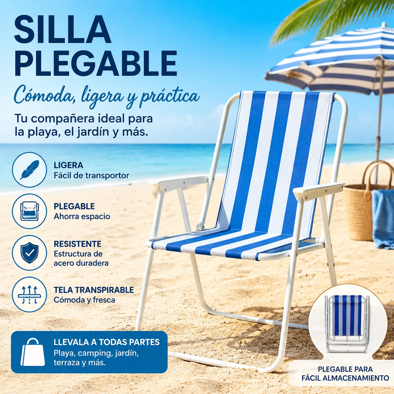Chaise de plage pliante avec design rayé et accoudoirs, chaise de camping légère et robuste avec structure en acier, chaise portable respirante facile à transporter et à ranger, idéale pour la plage, le jardin, la terrasse, le pique-nique et les activités de plein air