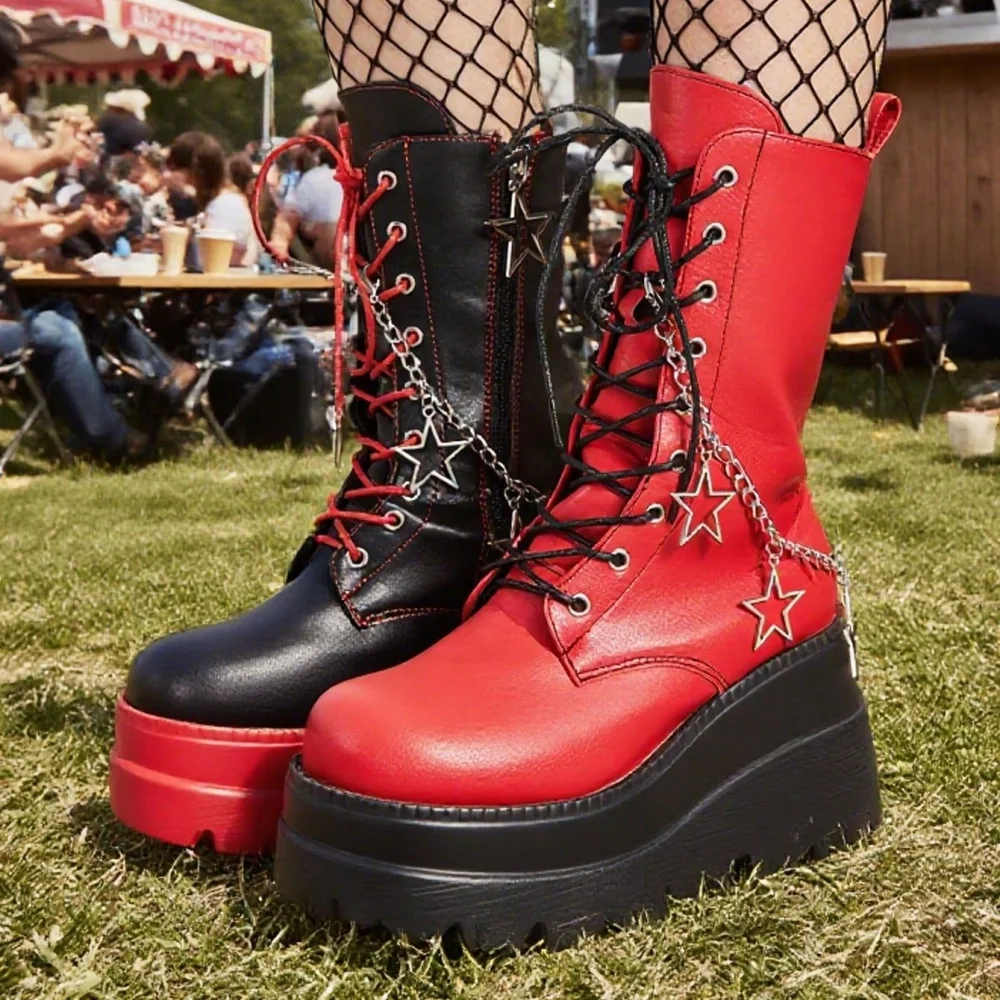 Women Y2K Platform Heel Gothic Round Toe Boots Combat Motorcycle Punk Lace Up Boots with Side Zipper Boots