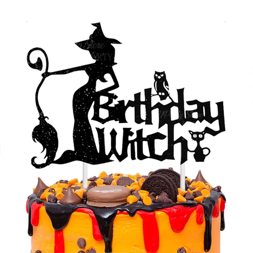 Hexengeburtstagstorte Topper Glitzer Schwarz Alles Gute zum Geburtstag Hexenkuchendekorationen für Hexengottes Geburtstag Halloween Party Dekor – Detail 8
