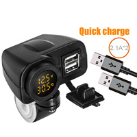 12V-24V 3 in 1 4.2A Dual USB Phone Charger LED Voltmeter Temperature /w On/Off Switch Non-slip For Handle 22-25mm Motorcycle