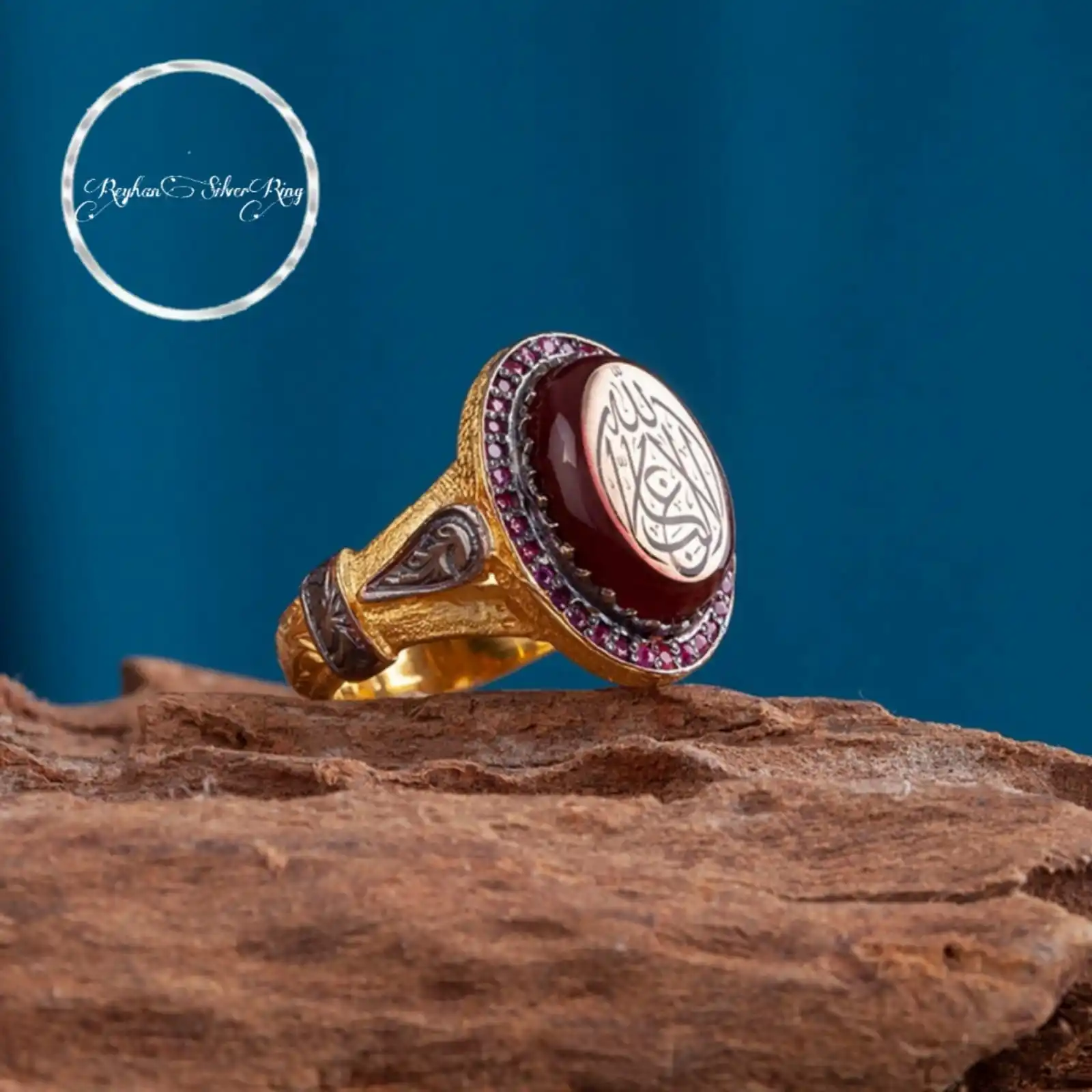 Arabic Writing Silver Ring with Garnet Stone - Mother's Day Gift - Unique Silver Women's Ring with Yellow Gilding - Gift for Mom