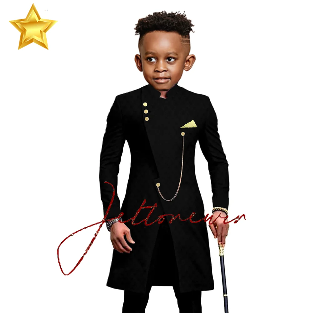 Indian Style Boy Suit Fashion Stand Collar Black Wedding Tuxedo 2 Piece Kids Clothes Boys Sets Blazer Pants