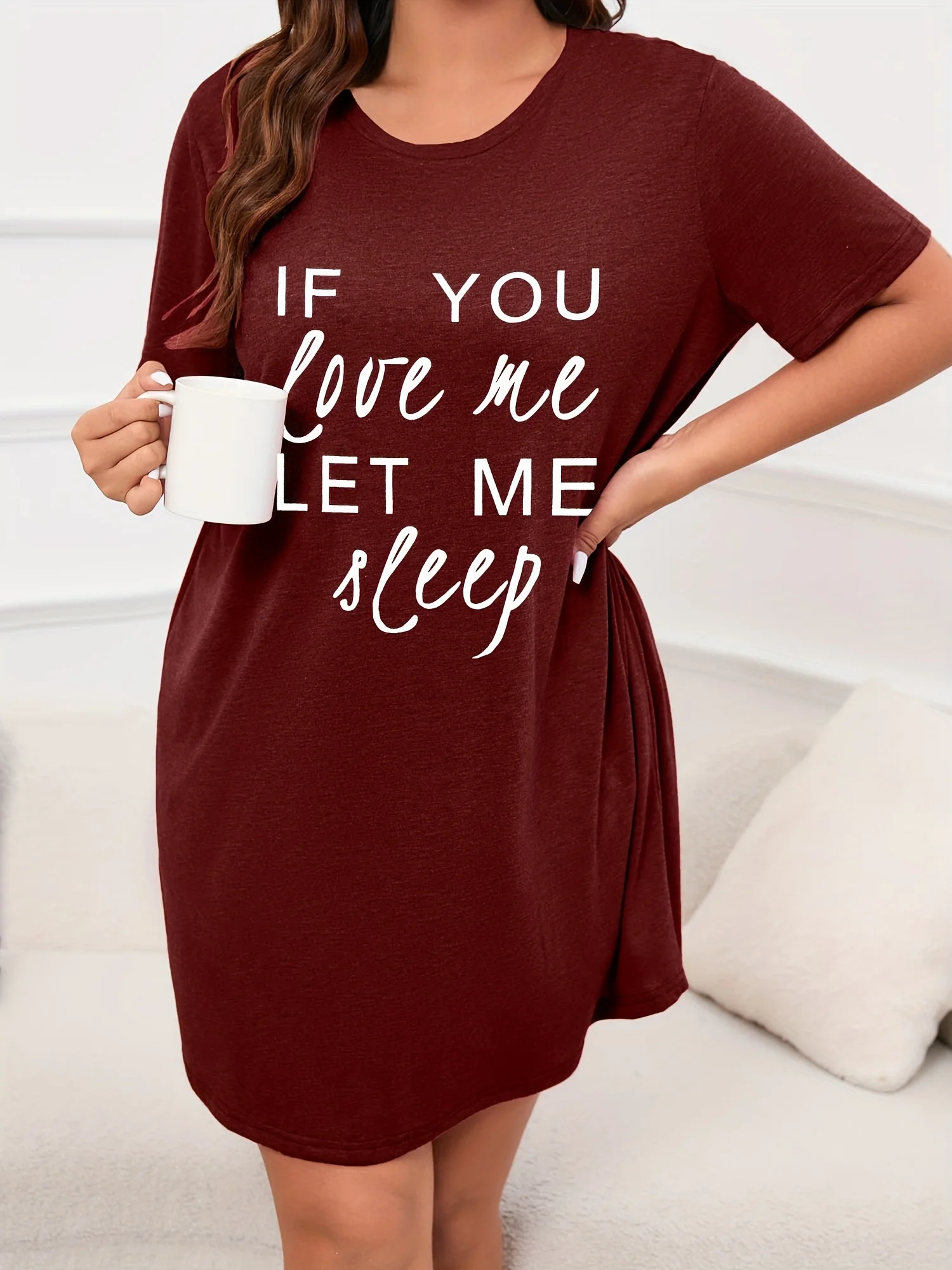 Women\'s Letter Printed Short Sleeve Round Neck Nightgown Plus Size Casual Home Dress Micro Stretch Student Sleepwear