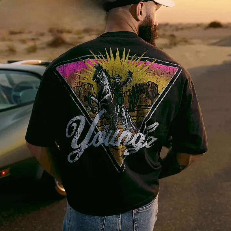 Oversized bedrukt katoenen T-shirt voor heren, westerse cowboystijl, katoen, bedrukt, ronde hals, sport, vrije tijd, skateboard, top met korte mouwen - afbeelding 2